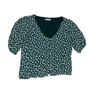 Reformation Green White Floral V Neck Crop Top Blouse Size Small